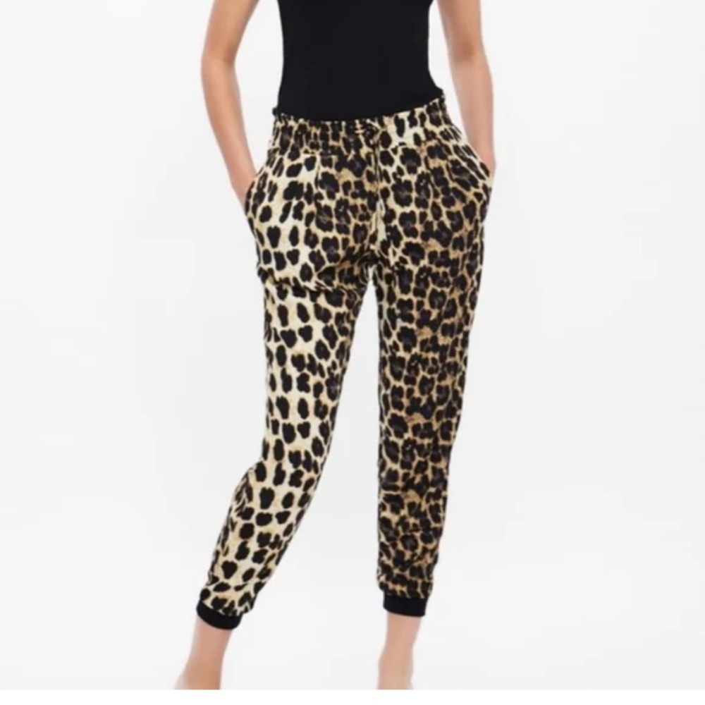 Zara Black and Tan Track Pants with Leopard Print